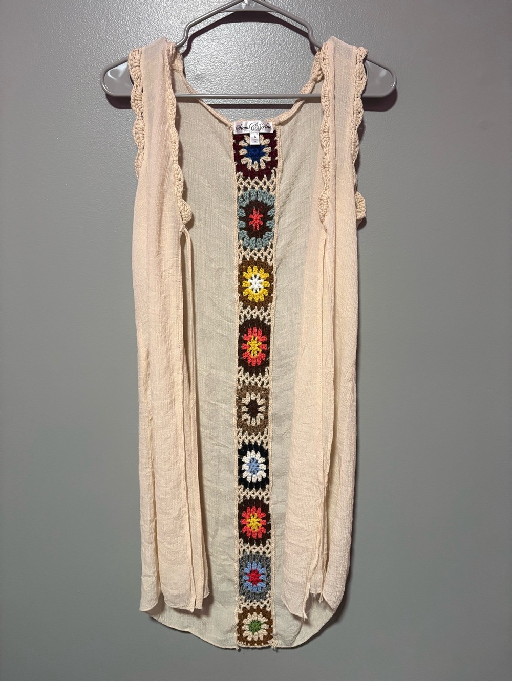 Stem & Vine Crochet Trim Sleeveless Duster Vest Boho Open Front Size Small